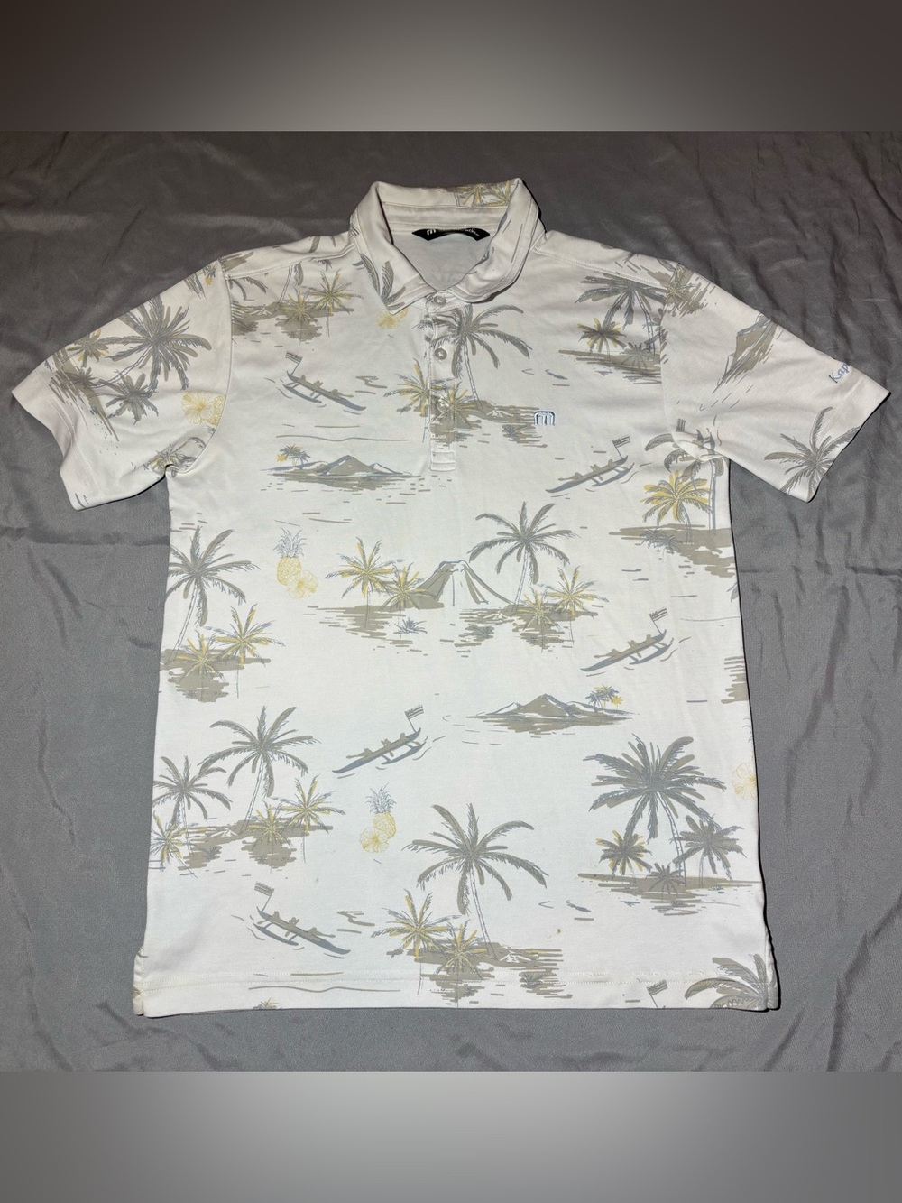 Travis Mathew Hawaiian/Palm Tree Print Polo Shirt, short sleeve, Men’s Size S